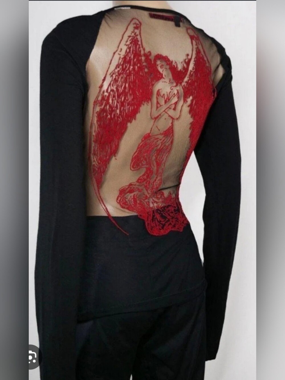 Miss Sixty Y2k Vintage  Long Sleeve Top with Fallen Red Angel Back Appliqué Mesh
